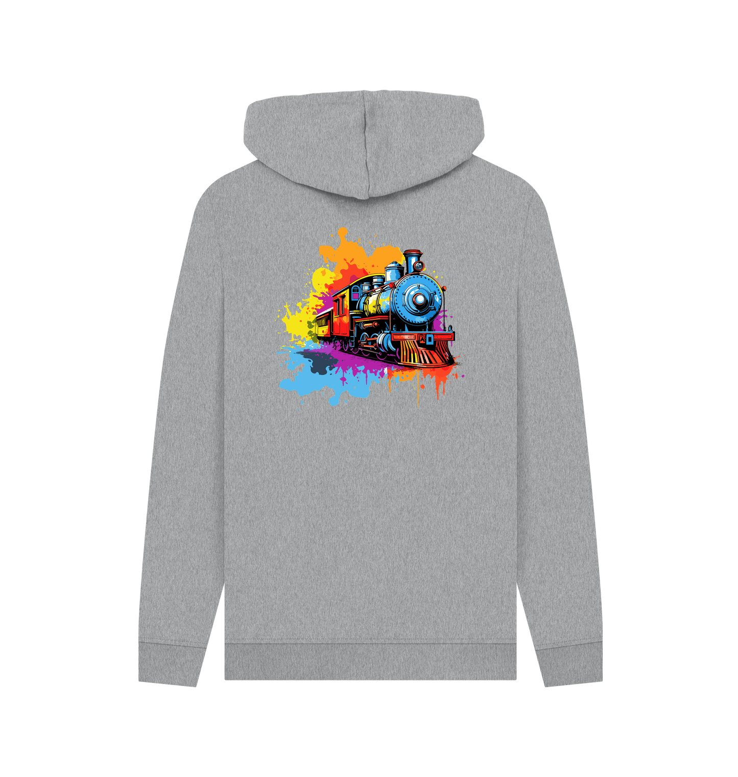 Gray hoodie with colorful train graphic