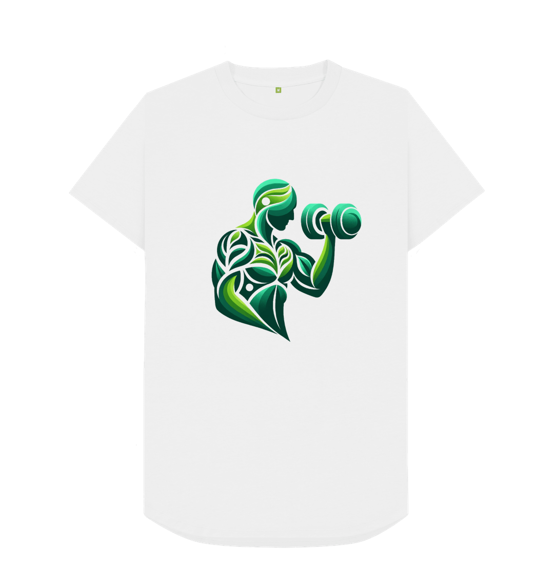 White t-shirt with green leafy figure lifting dumbbells
