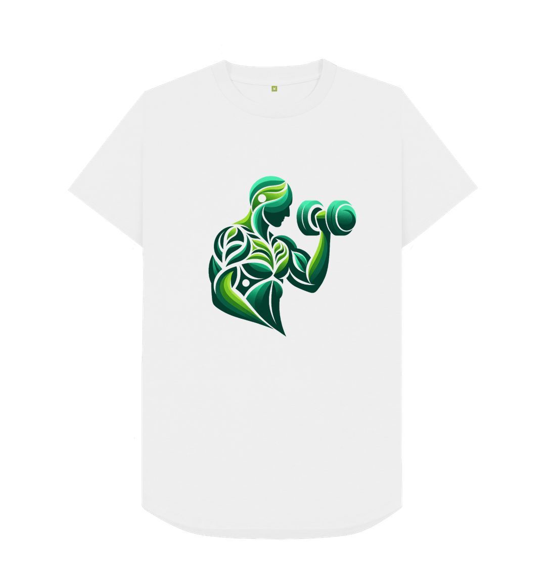 White t-shirt with green leafy figure lifting dumbbell