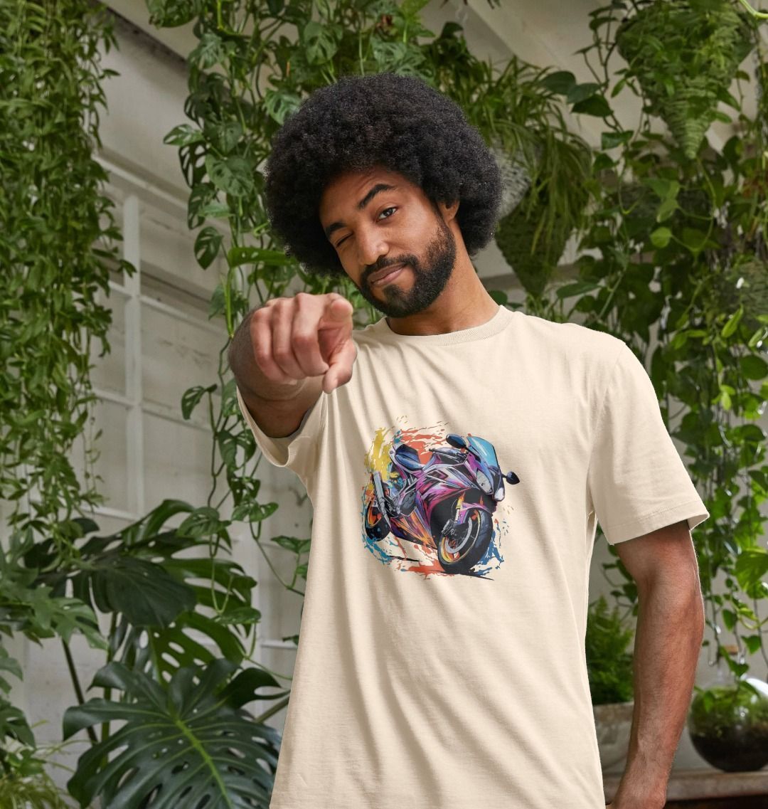 Beige t-shirt with motorcycle graphic (person)