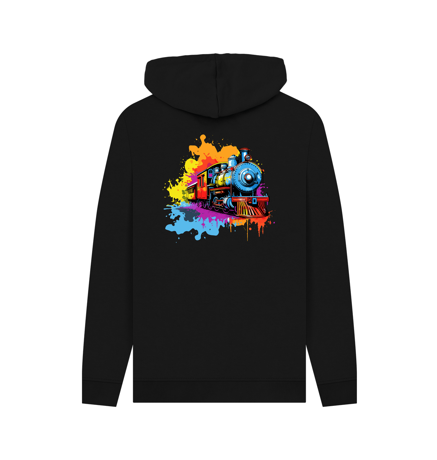 Black hoodie with colorful train graphic