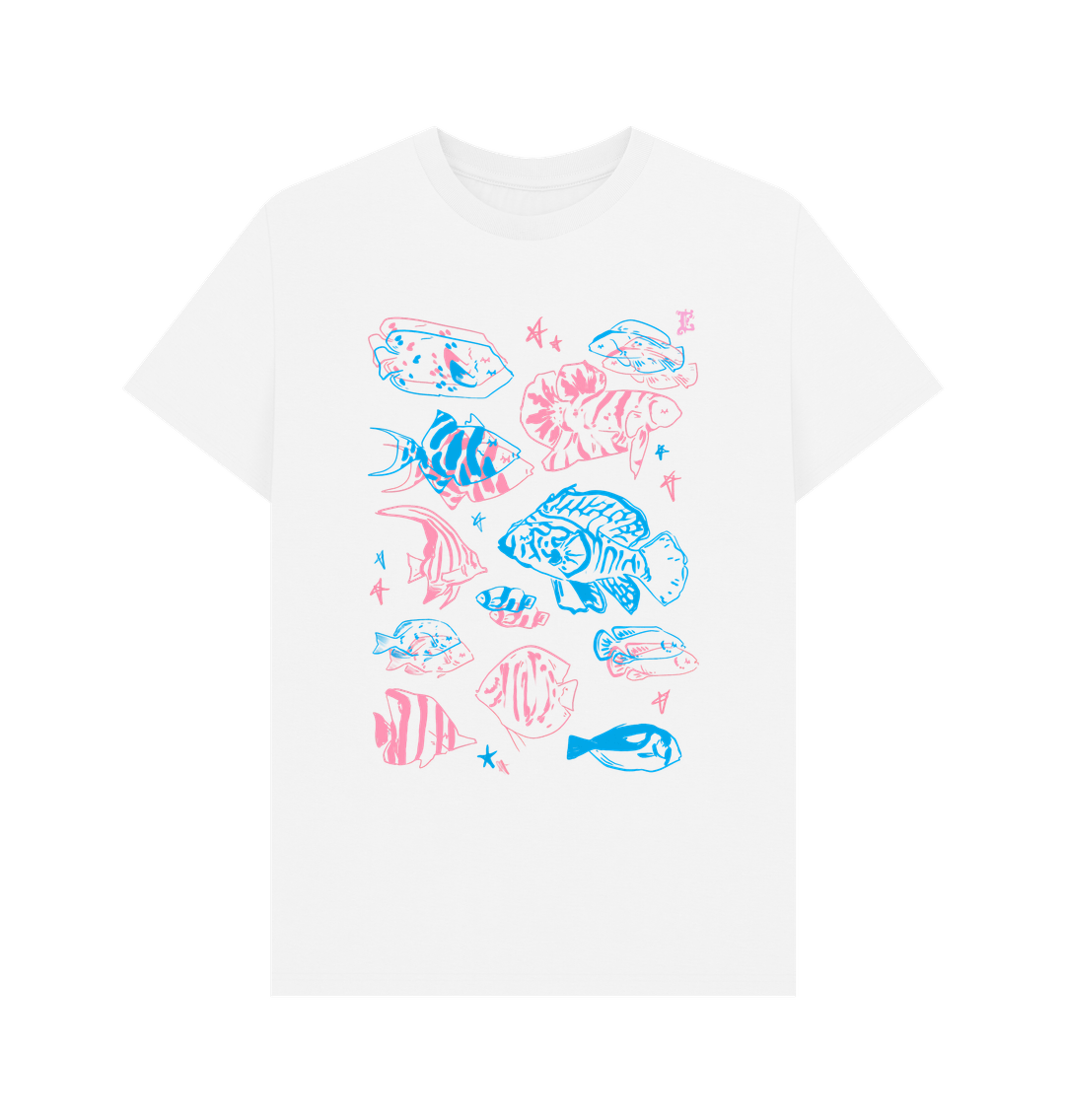 White t-shirt with colorful fish illustrations