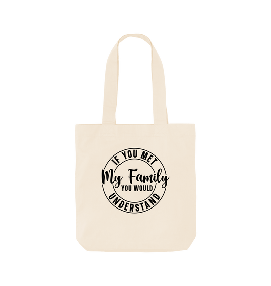 White tote bag with black text design