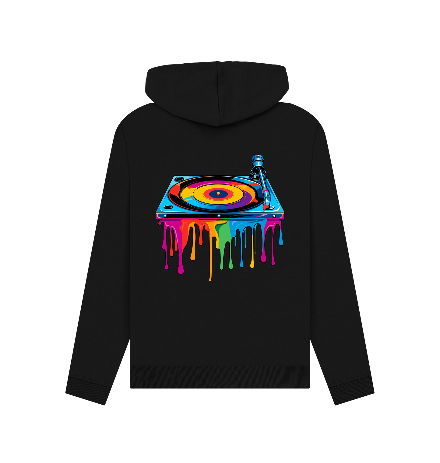 Black hoodie with colorful turntable graphic