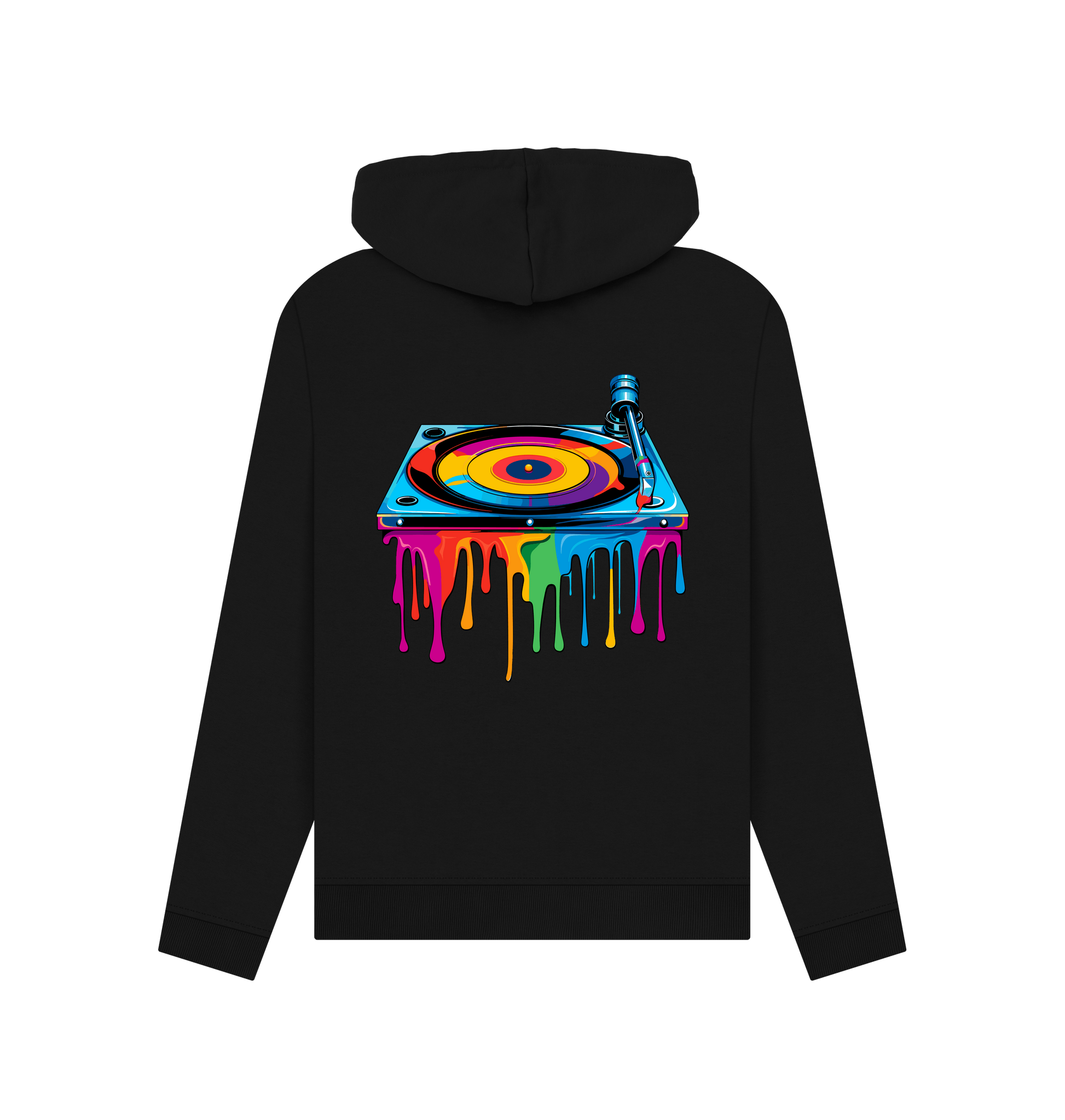 Black hoodie with colorful turntable graphic