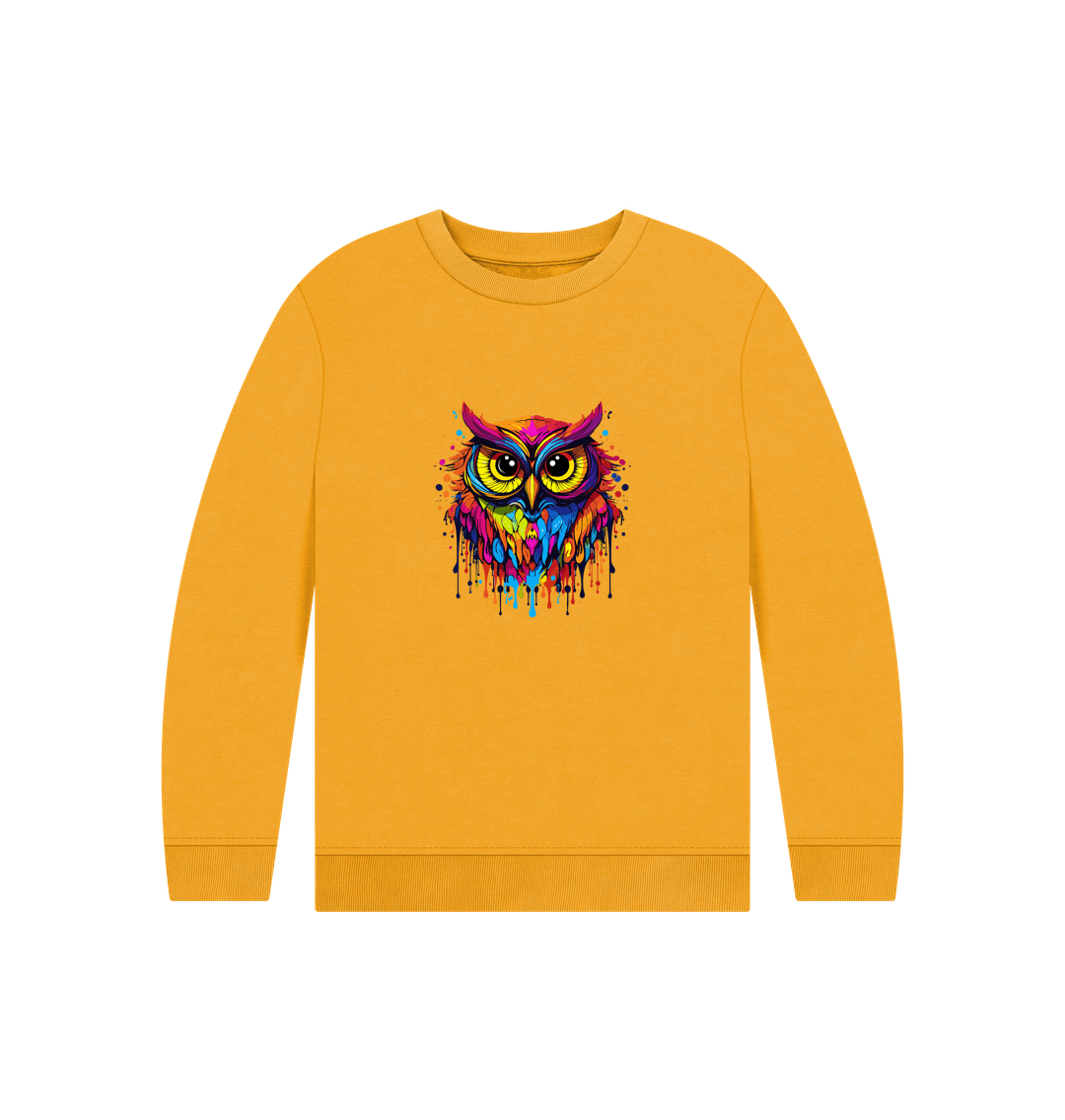 Yellow sweatshirt with colorful owl graphic
