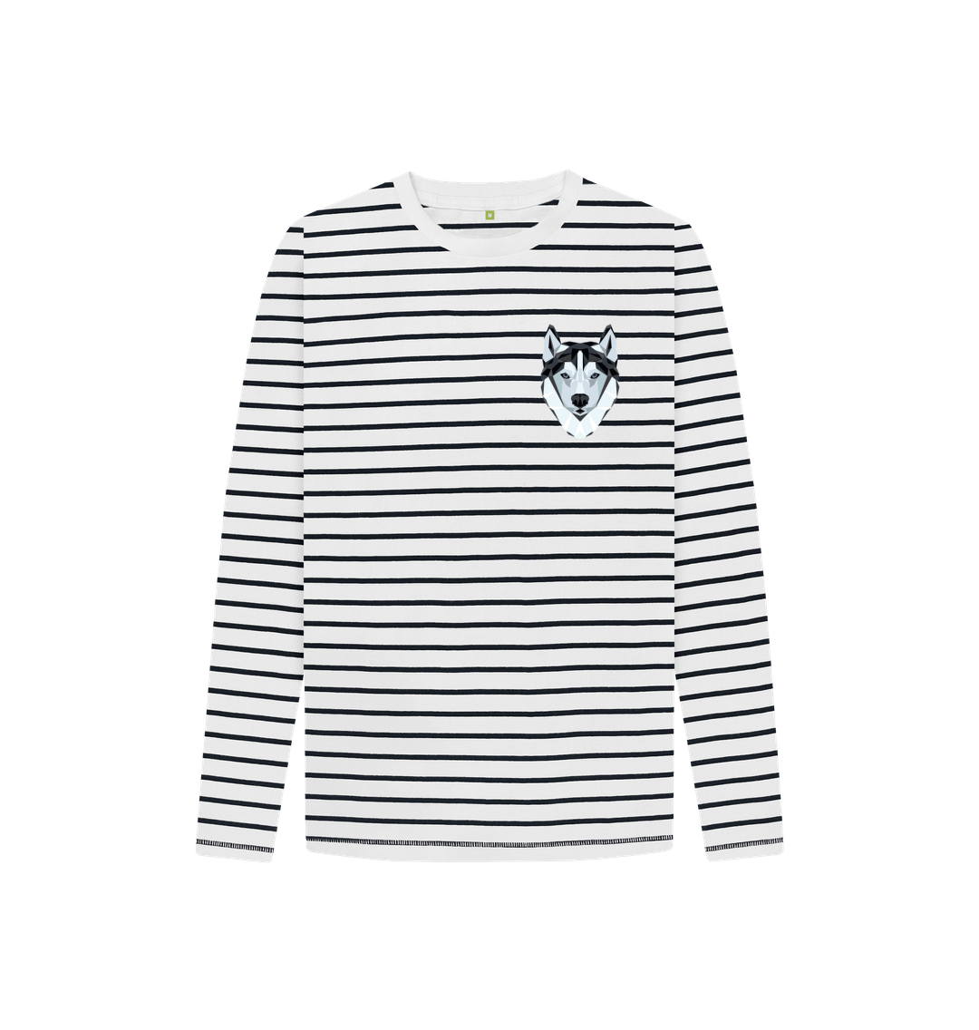 White long-sleeved striped shirt with wolf face patch