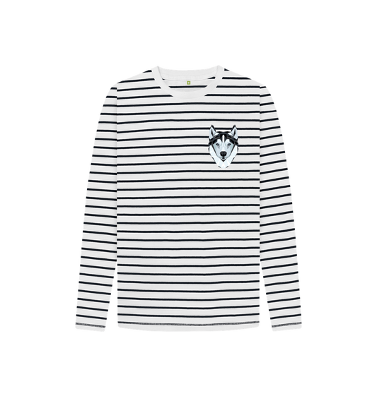 White long-sleeved striped shirt with wolf face patch