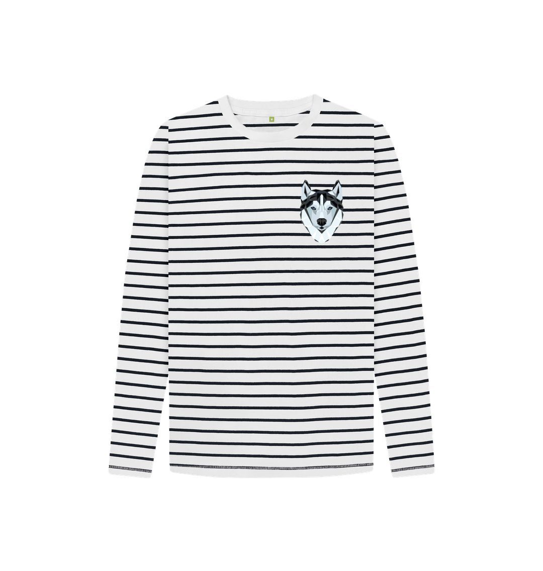 Black and white striped long-sleeve t-shirt with wolf face patch