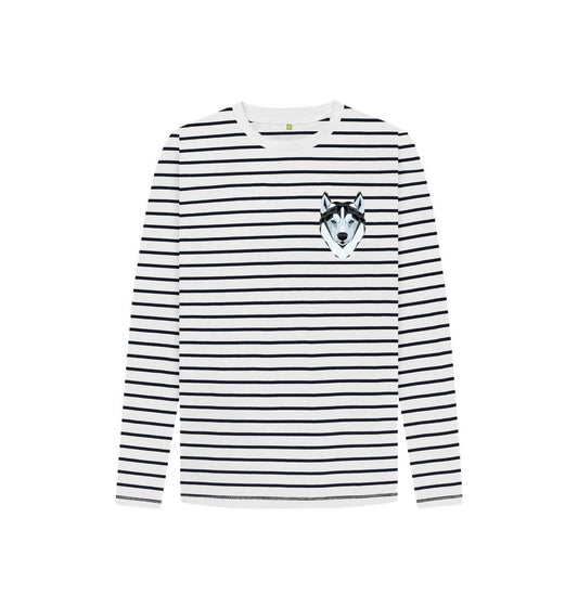 Black and white striped long-sleeve t-shirt with wolf face patch