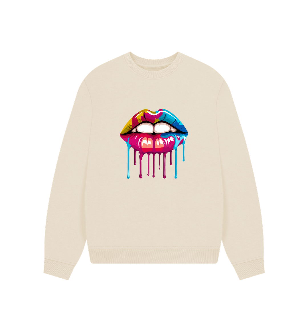 Cream-colored sweatshirt with colorful dripping lips graphic