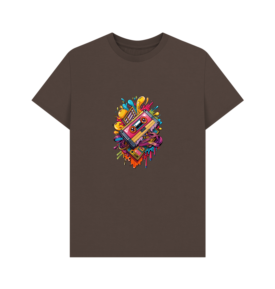 Brown t-shirt with colorful cassette tape design