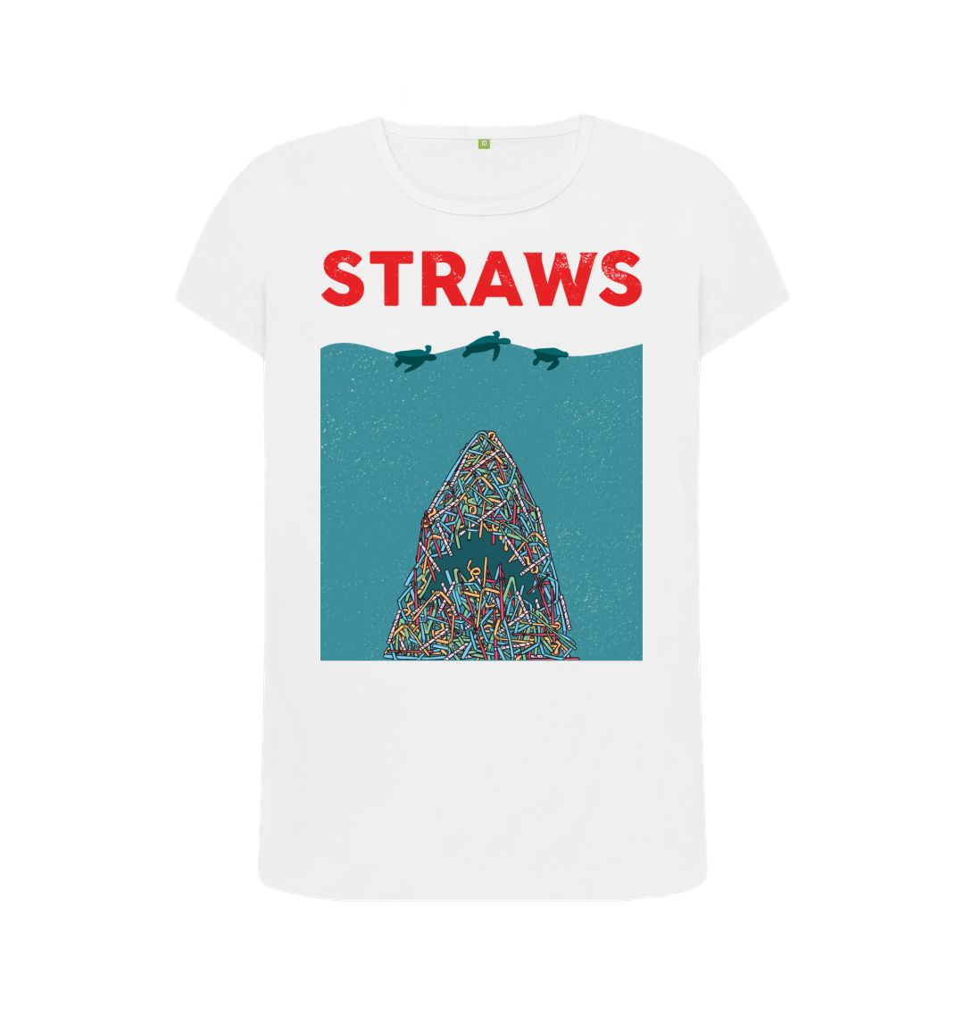 White t-shirt with "STRAWS" and sea turtle graphic