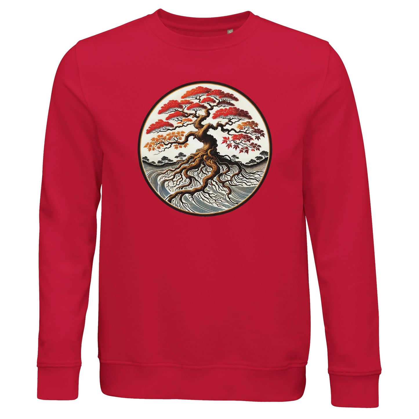 Red sweatshirt with bonsai tree design