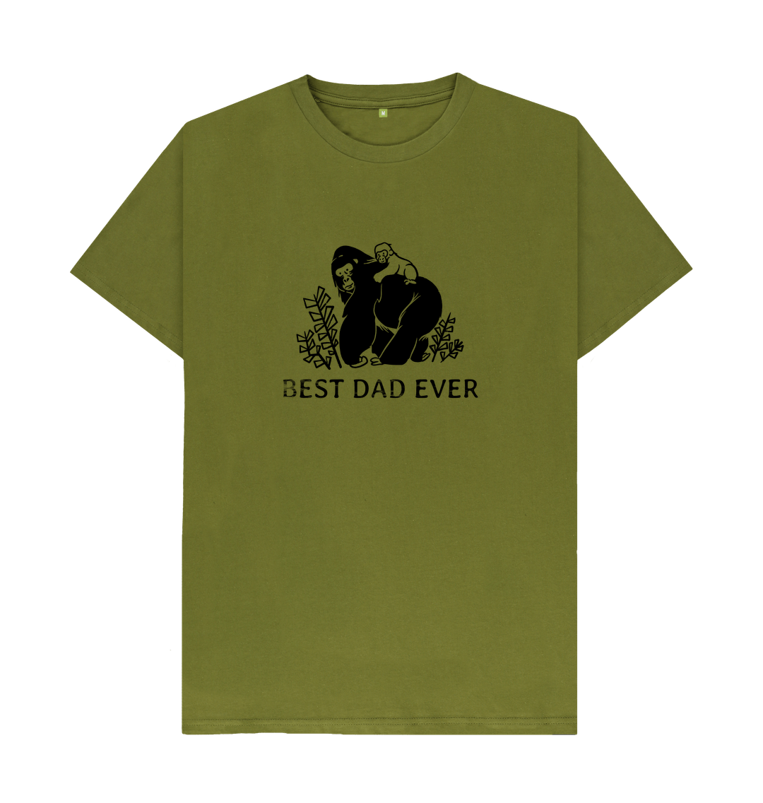 Olive green t-shirt with "Best Dad Ever" text and ape illustration