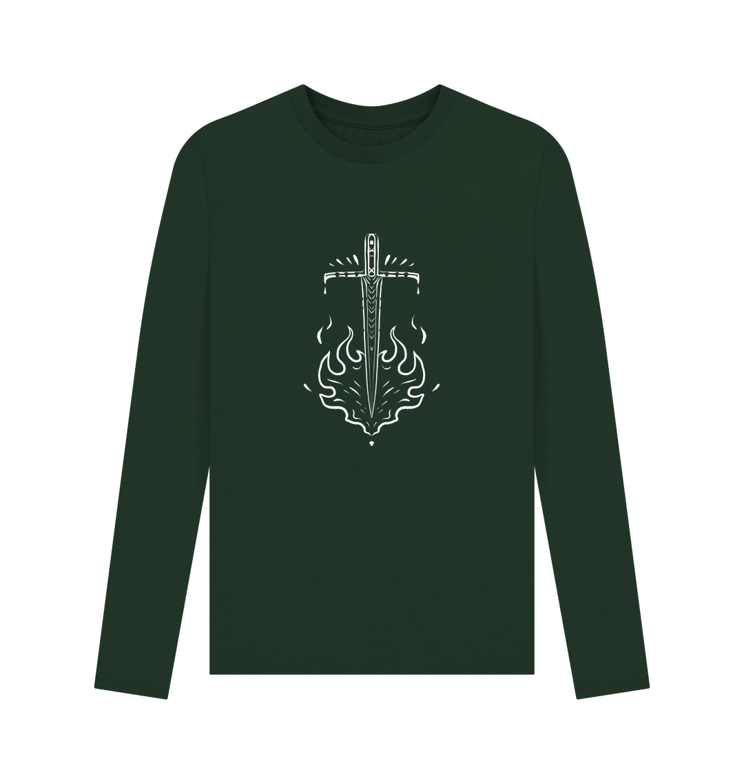 Dark green long-sleeved t-shirt with sword graphic