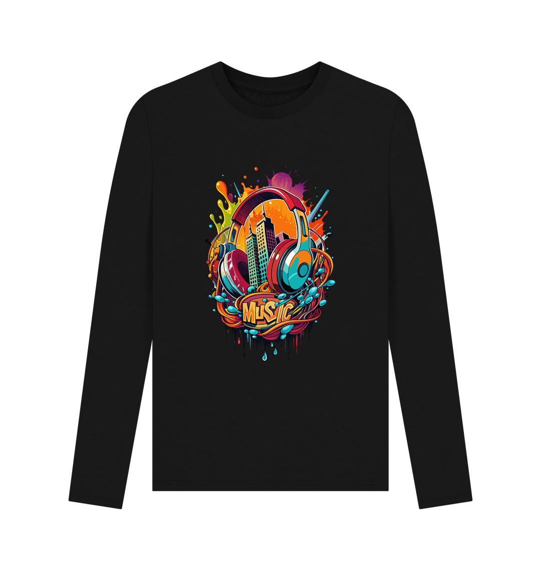 Black long-sleeved t-shirt with colorful music-themed graphic