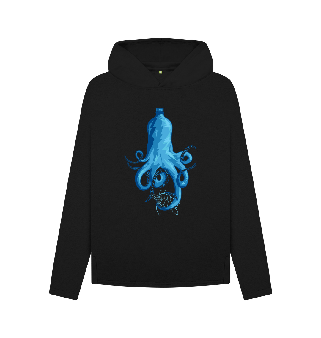 Black hoodie with blue octopus and turtle design