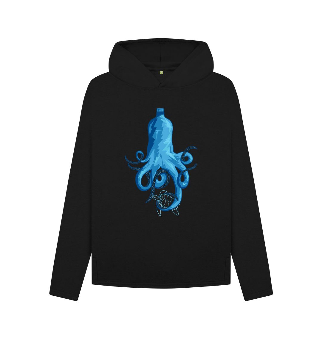 Black hoodie with blue octopus and turtle design