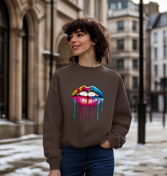 Brown sweatshirt with colorful dripping lips design (person)