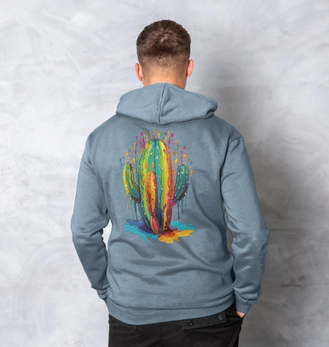 Blue hoodie with colorful cactus design (person)