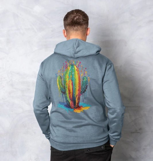 Blue hoodie with colorful cactus design (person)