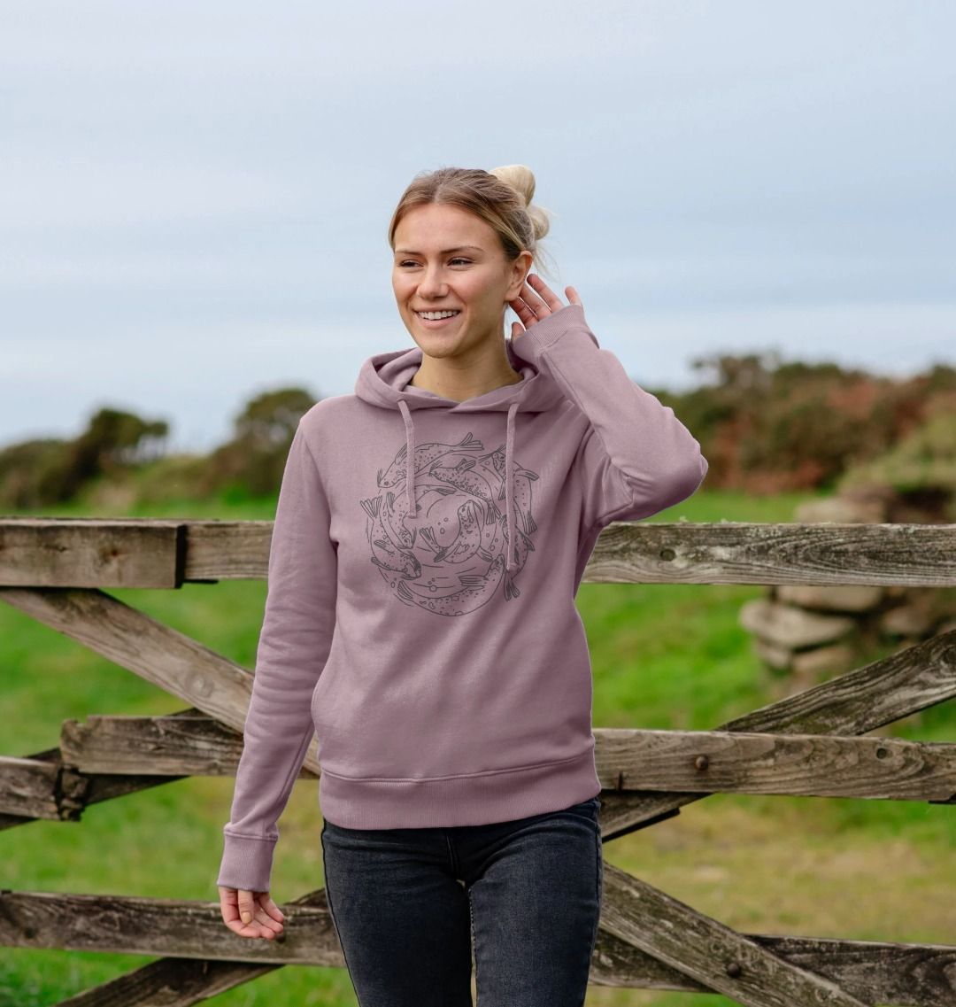 Purple hoodie with fish design (person)