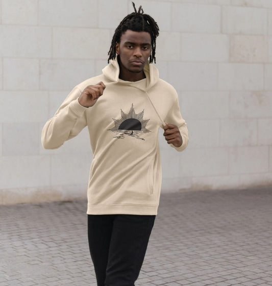 Beige hoodie with sun graphic (person)