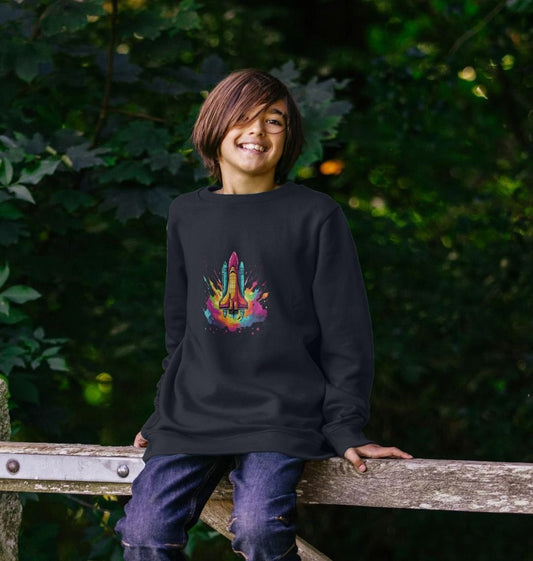 Black sweatshirt with colorful rocket design (person)