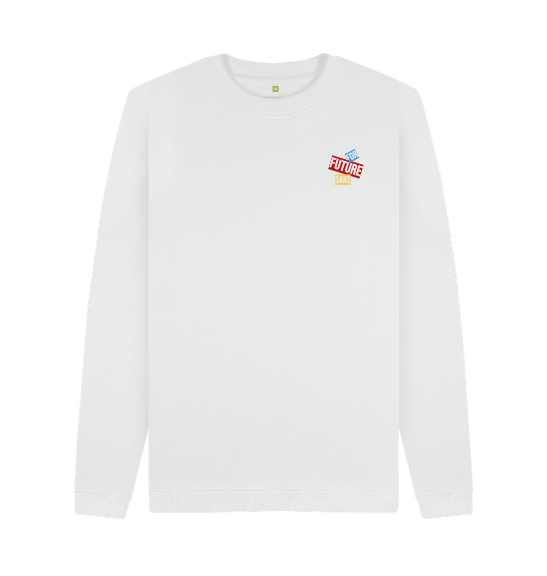 White crewneck sweatshirt with "FUTURE SAKE" logo