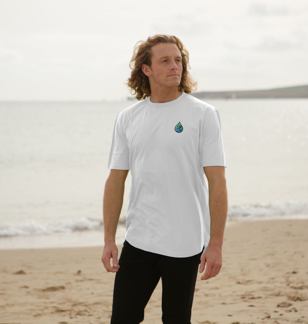 White t-shirt with small water droplet logo (person)