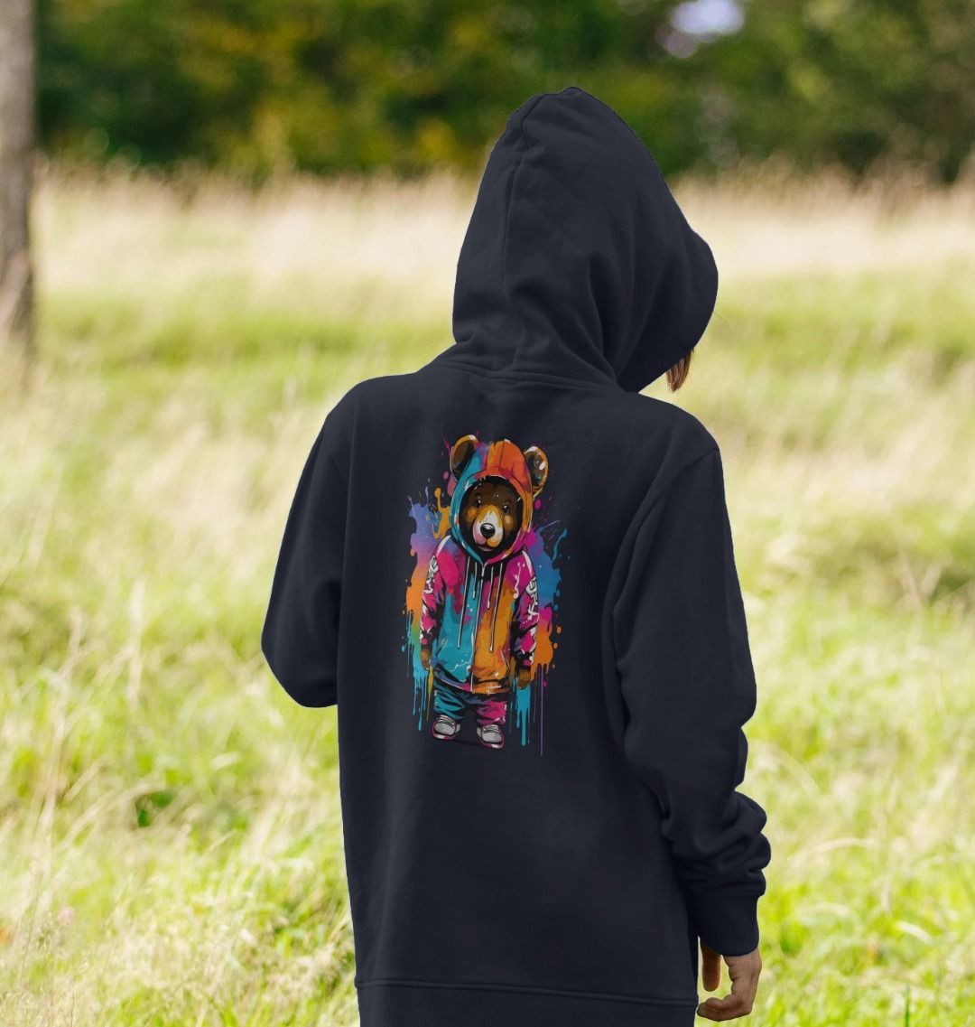 Black hoodie with colorful bear graphic (person)