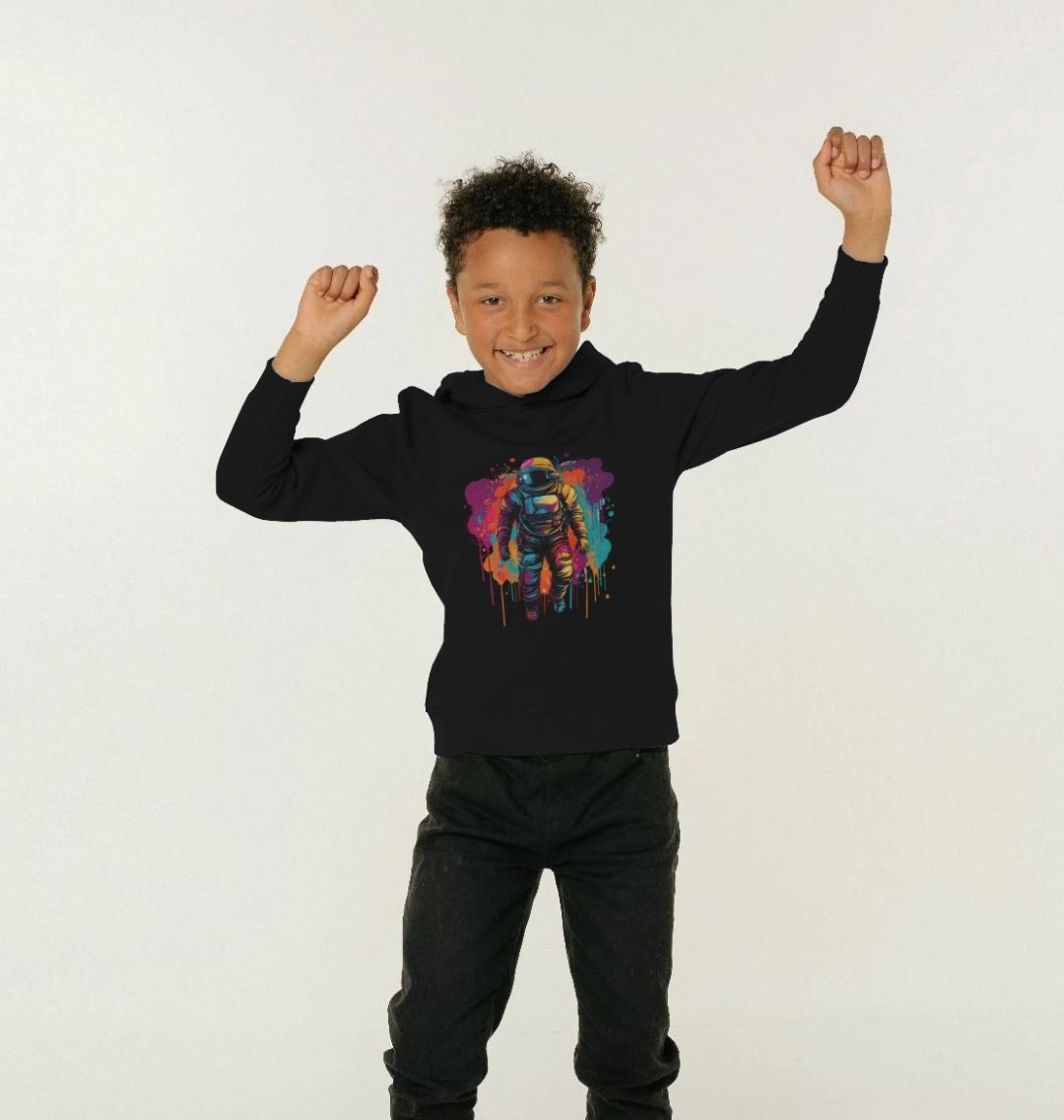 Black hoodie with colorful astronaut graphic (person)