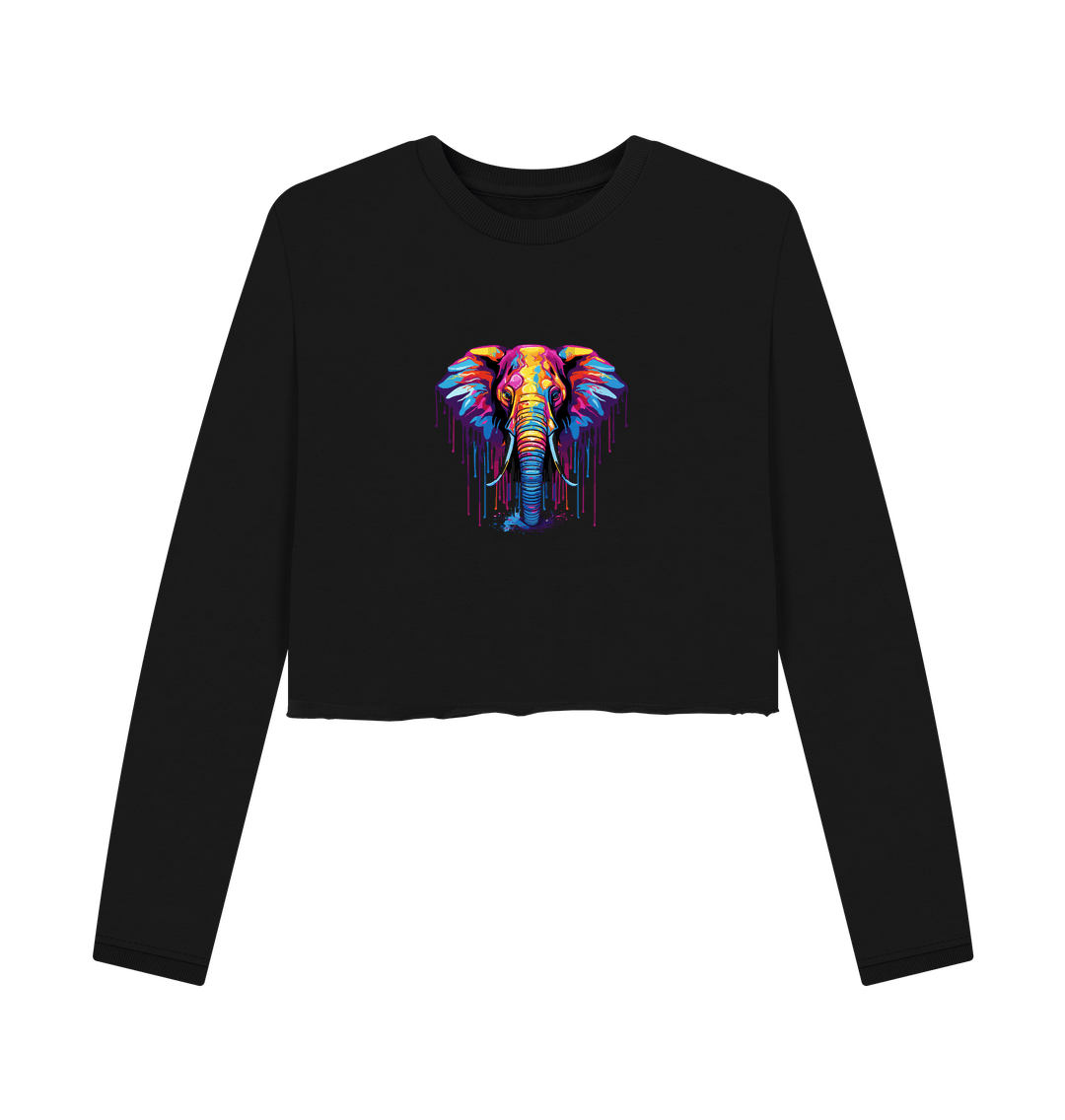 Black cropped sweatshirt with colorful elephant graphic