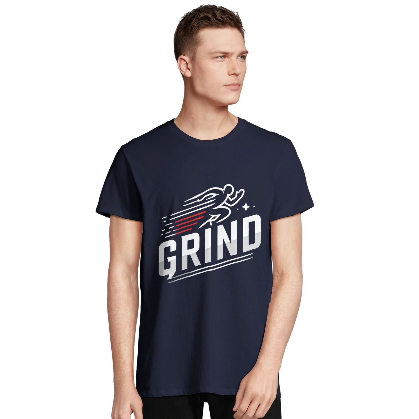 Navy blue t-shirt with "GRIND" graphic (person)
