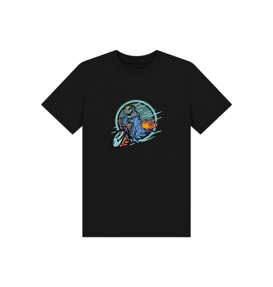 Black t-shirt with zombie riding a bike graphic