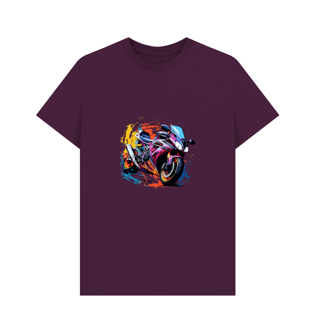 Maroon t-shirt with colorful motorcycle graphic