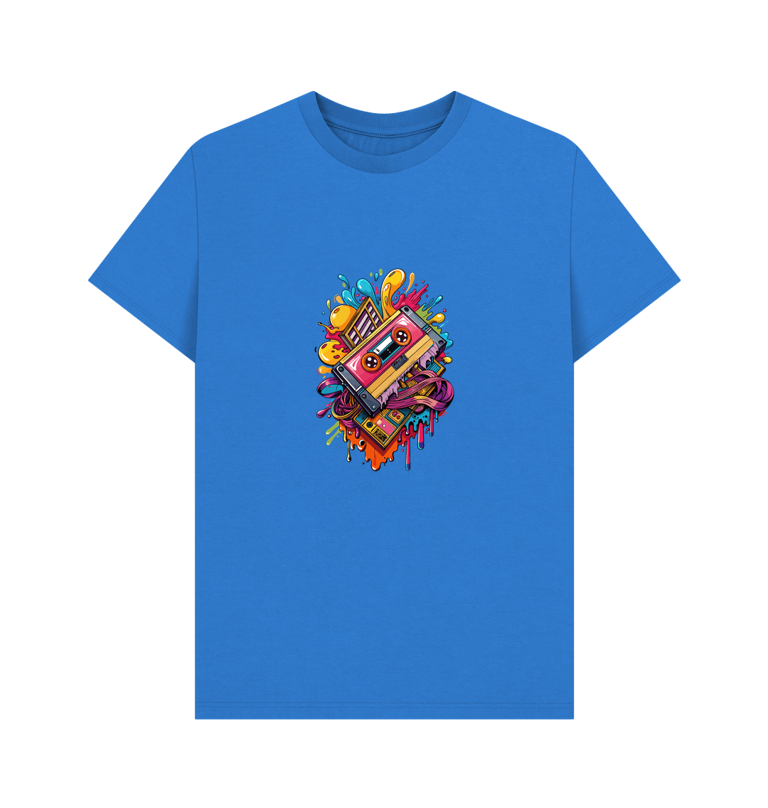 Blue t-shirt with colorful cassette tape design