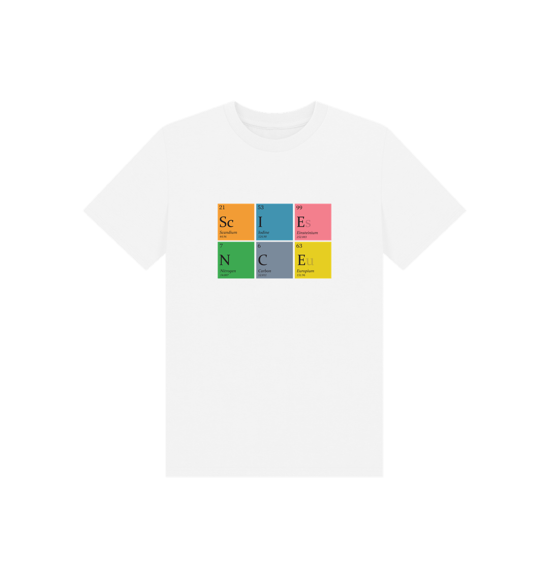 White t-shirt with periodic table elements