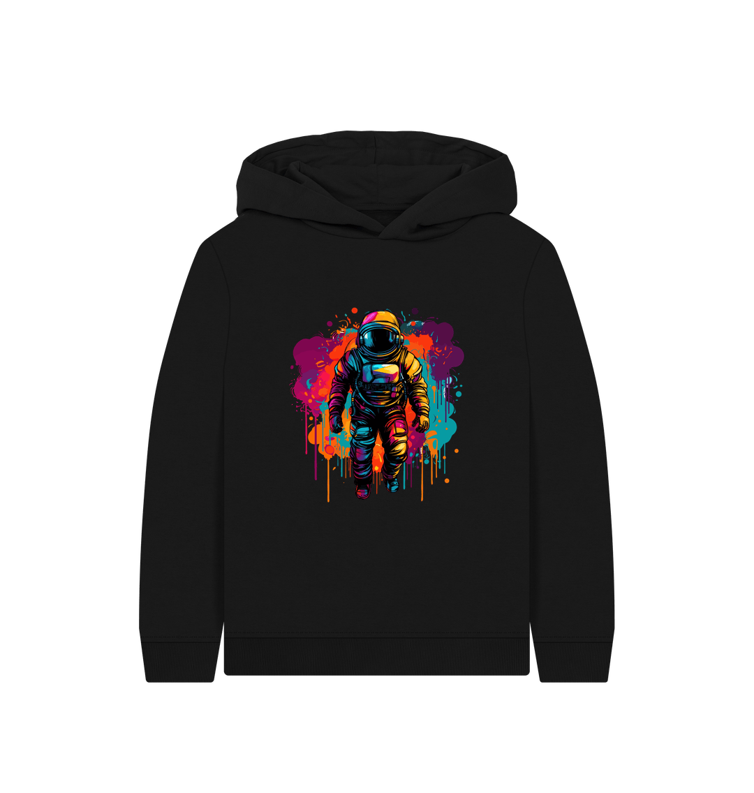 Black hoodie with colorful astronaut graphic