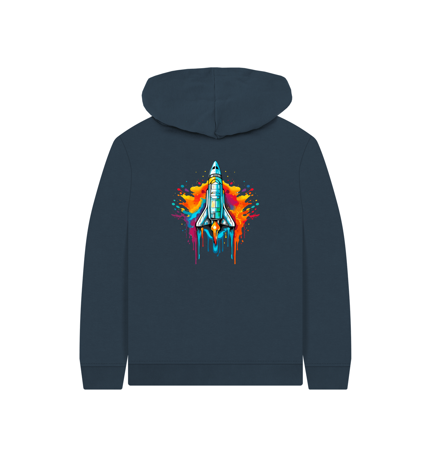 Dark blue hoodie with colorful rocket graphic