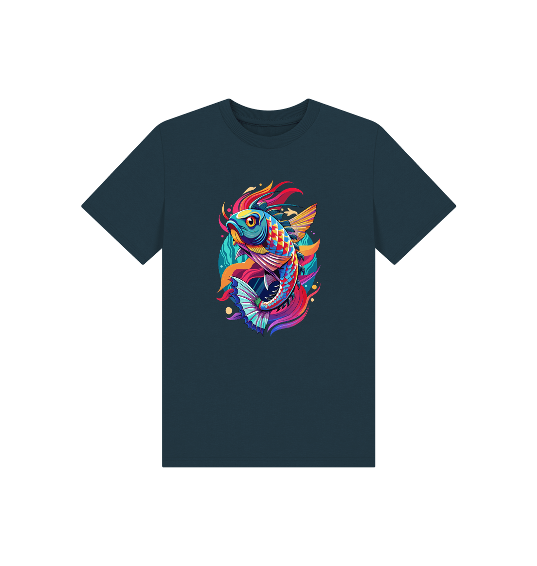 Dark blue t-shirt with colorful fish design