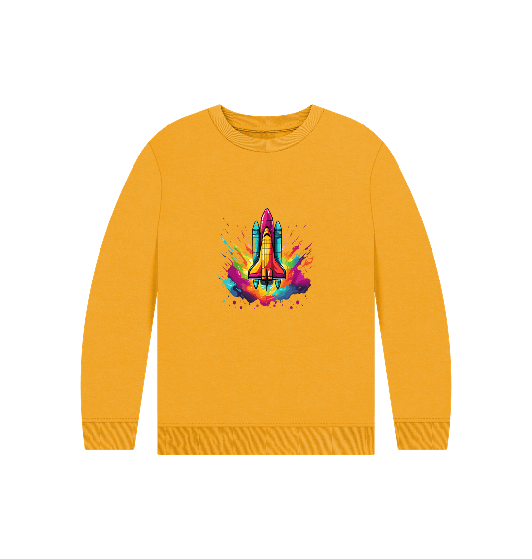 Yellow sweatshirt with colorful rocket graphic