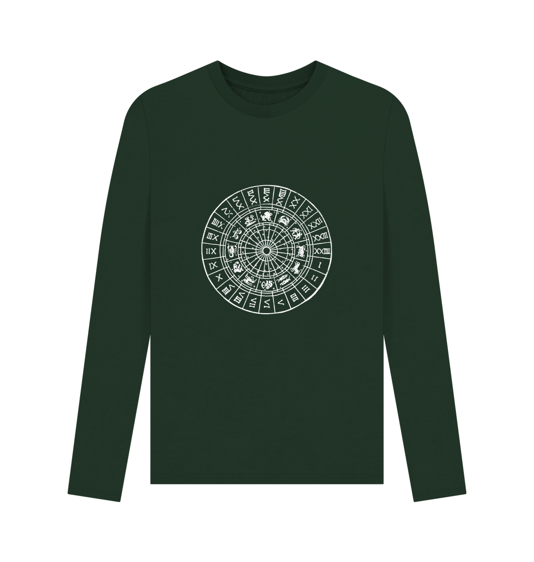 Dark green long-sleeved shirt with zodiac wheel design