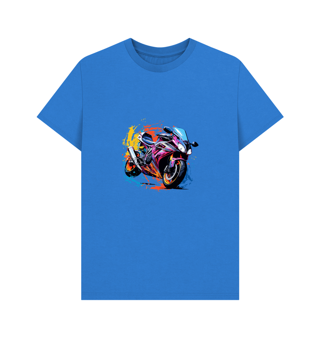 Blue t-shirt with colorful motorcycle graphic
