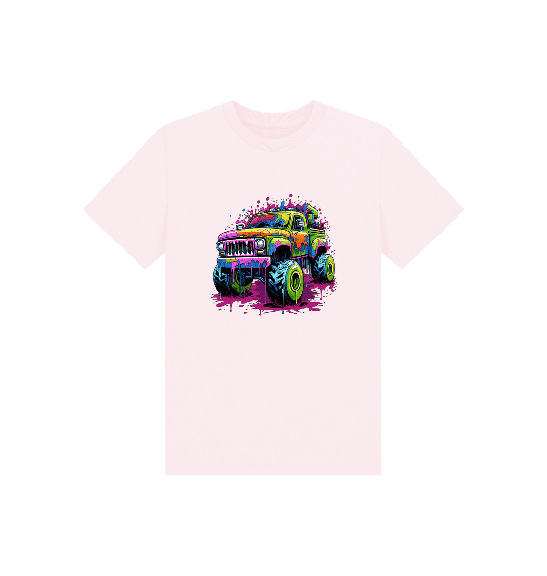 White t-shirt with colorful monster truck graphic