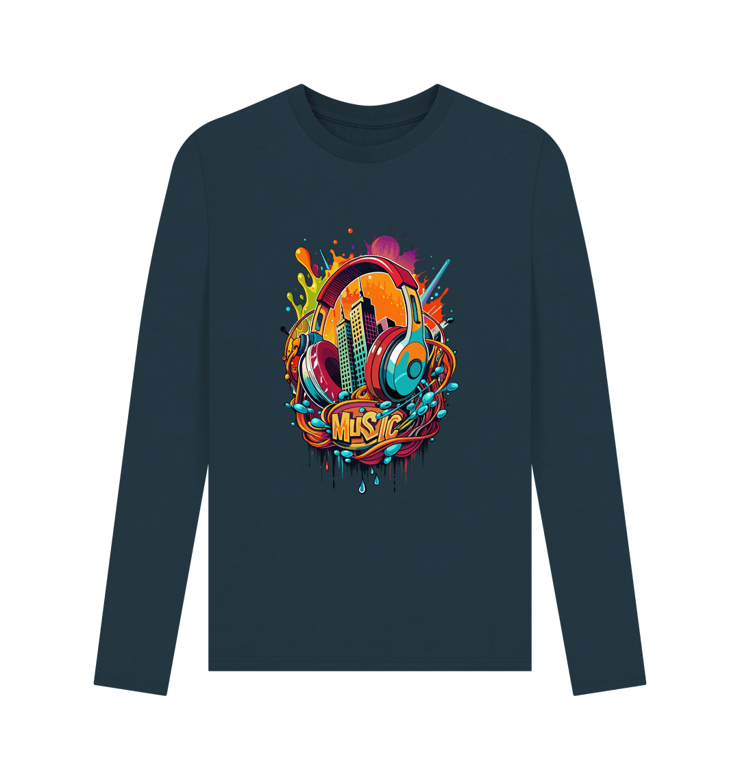 Long-sleeved t-shirt with colorful music-themed graphic