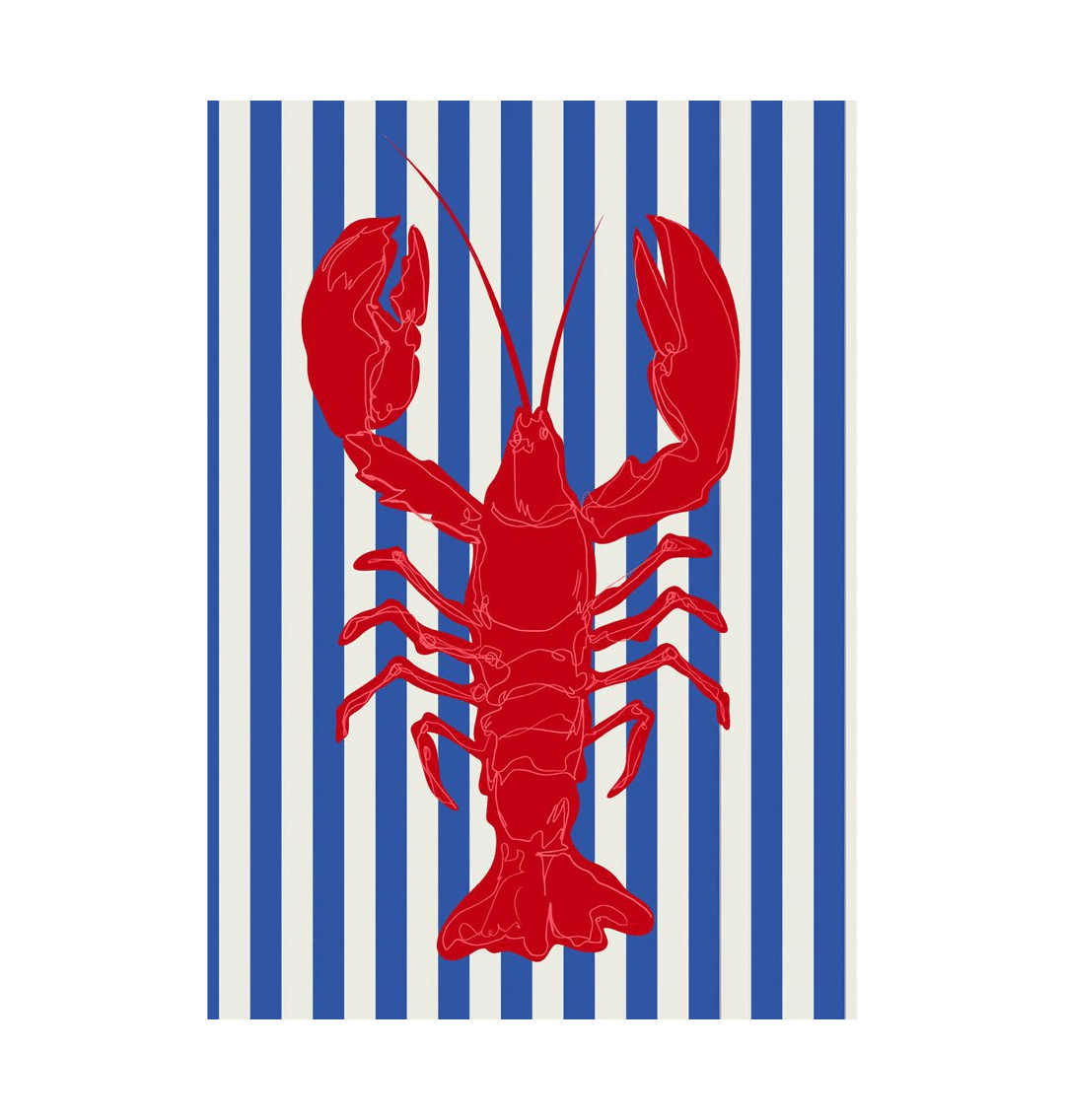 Red lobster illustration on blue and white striped background