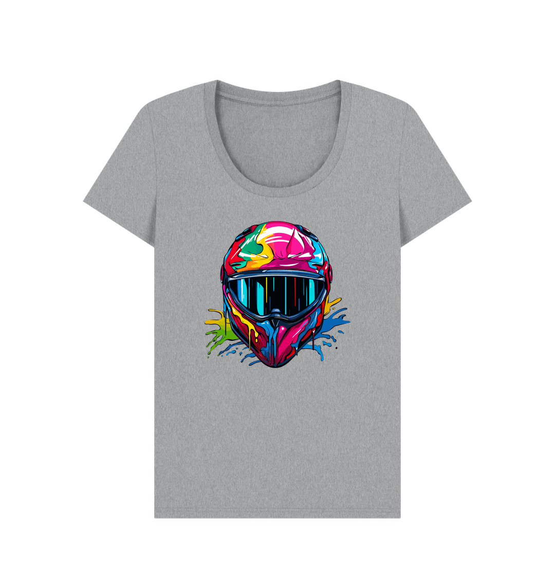 Gray t-shirt with colorful motorcycle helmet graphic