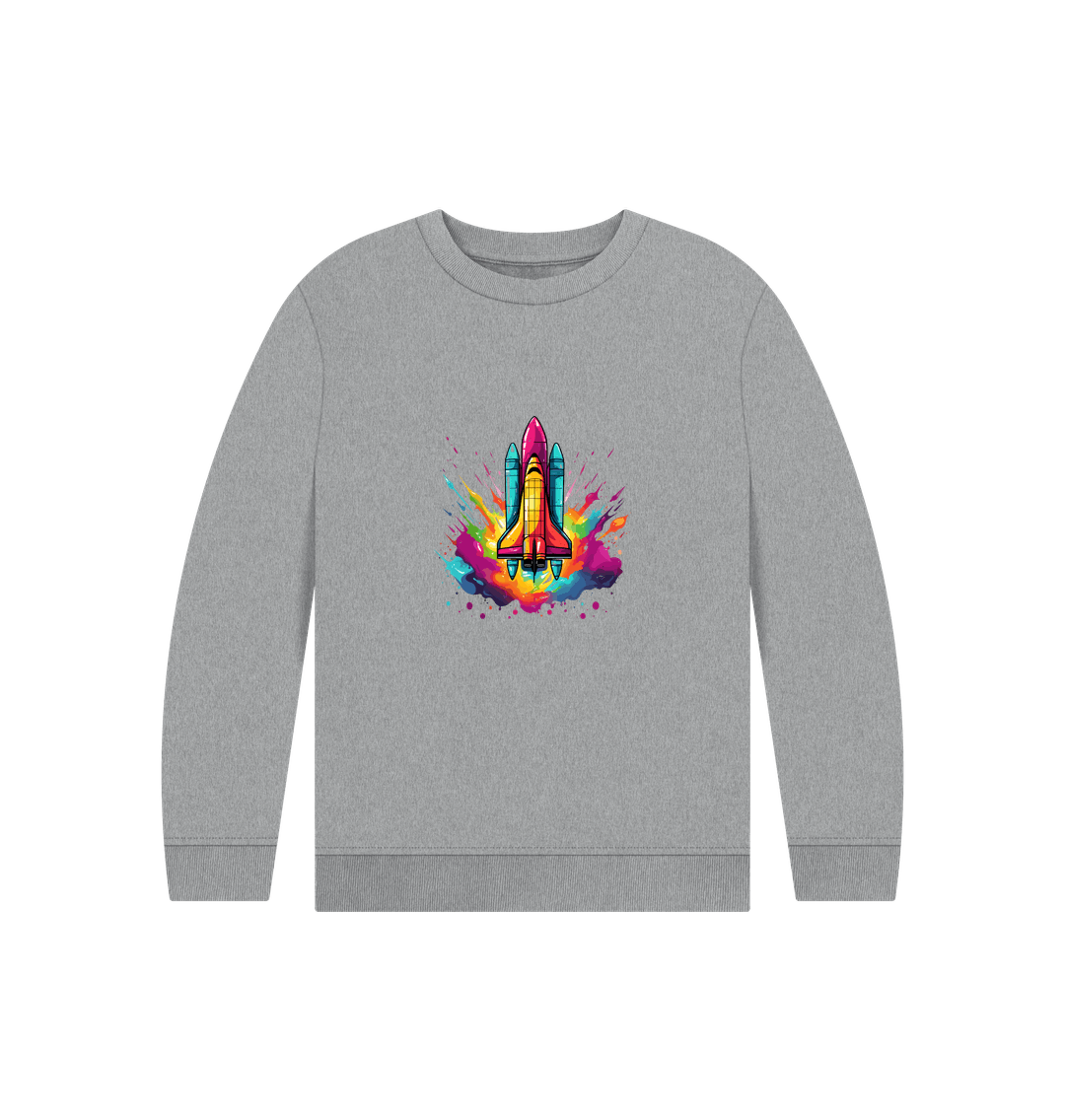 Gray sweatshirt with colorful rocket graphic